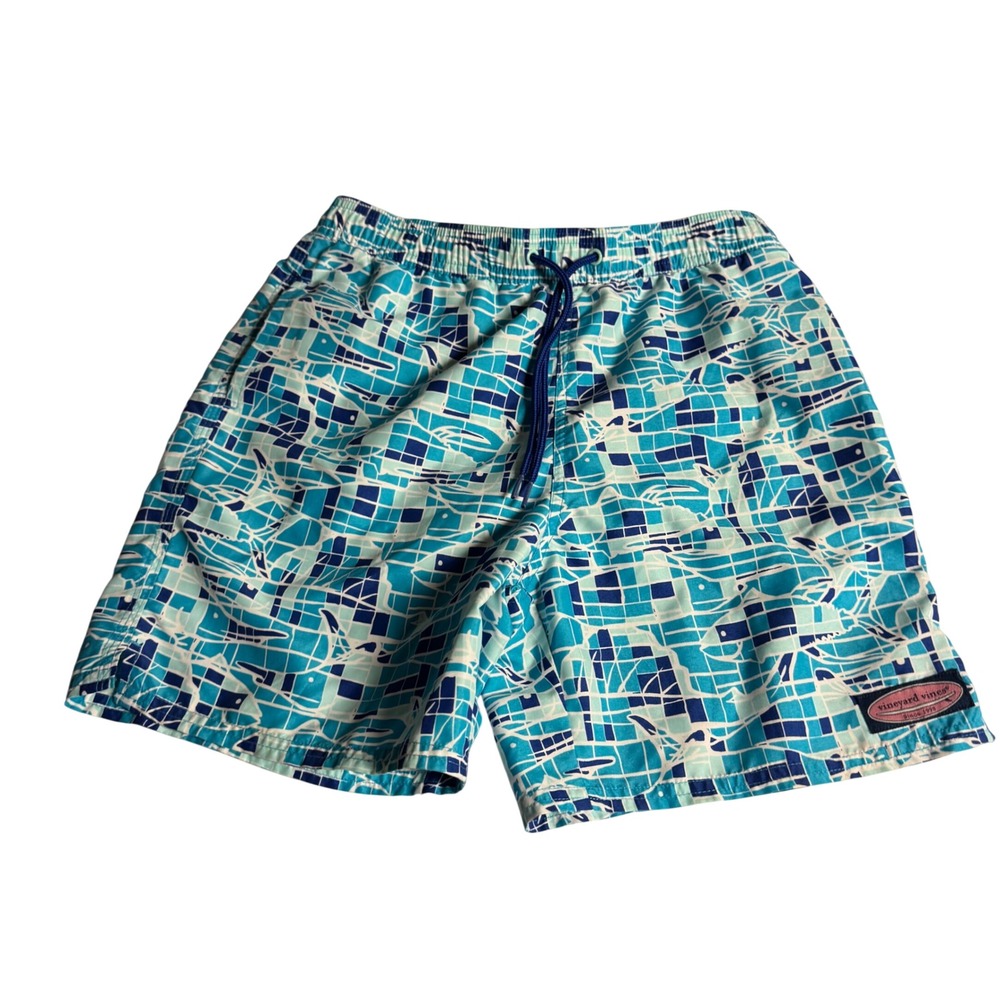 Vineyard Vines Boys Blue Mosaic Whale Print Swim Trunks Size M 12/14